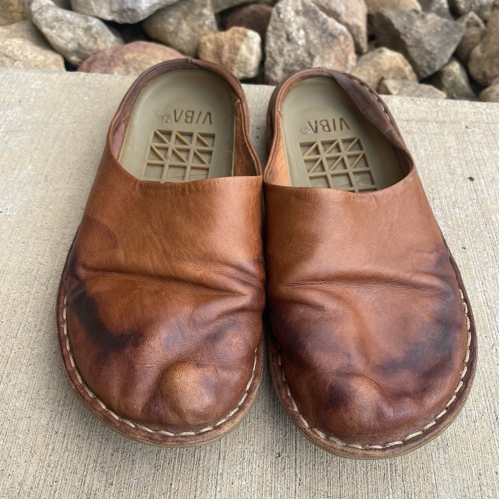 VIBA Roma Men's Brown Leather Slip-On Mule Clogs Round Toe Stitched EU 41 US 8
